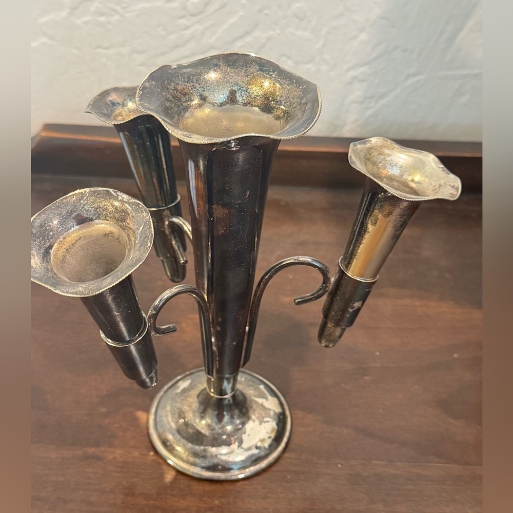 Antique Victorian Silver trumpet 3 way vase candle flower holder epergne